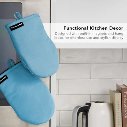KITCHENAID Gourmet Series Gridlines Mini Oven Mitts 2-Pack Set, Heat Resistant up to 600°F, Soft Silicone Grip, Magnetic Cuff, Blue Velvet, 5.5"x9" - color: Blue Velvet