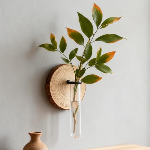 Wall Mounted Test Tube Vase with Natural Wood Slice Base, Hanging Propagation Station for Plants, Rustic Boho Home Decor (1pc Multicolor) - color: 1pc Multicolor