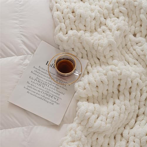 Chunky Knit Blanket Throw for Couch 50"×60" Cream | 100% Handmade Knitted Throw Blanket Fluffy Soft Blanket with Jumbo Chenille Yarn Thick - color: Cream, size: 50"*60"