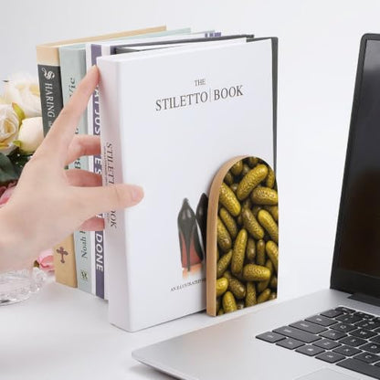 Wooden Book Ends with Metal Base Bookends Supports for Shelves, Pickle | Cucumber, Non-Slip Book Stoppers for Magazines, Books, DVDs, Small, 1 Pair - color: Style(633)