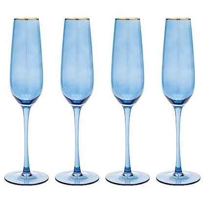 Vikko Champagne Flutes, 8.5 Ounce Toasting Champagne Flute, Blue with Gold Rim Crystal Clear Champagne Glasses, Set of 4 Elegant Sparkling Wine Glasses
