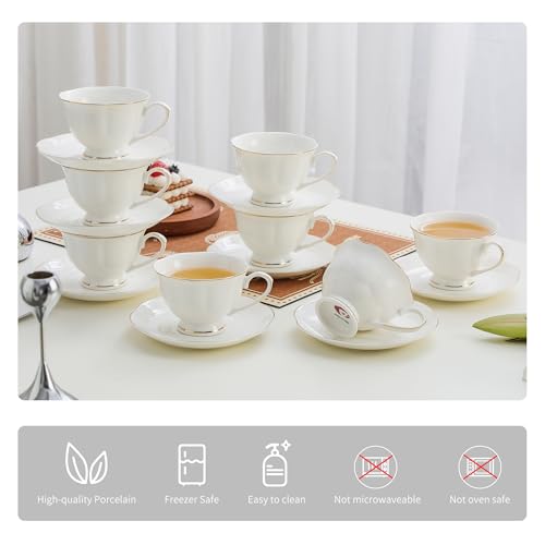 White Ceramic Tea Cup and Saucer Set of 8 (16-Piece) - 6oz Elegant Porcelain Cups with Gold Rim, 8 Cups & 8 Saucers for Tea Party - size: 6oz