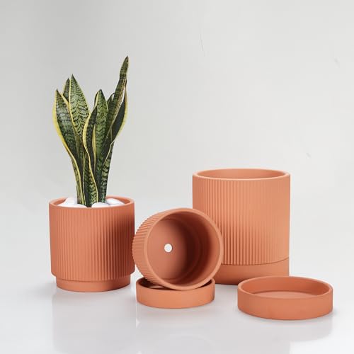 HERDUK Modern Terra Cotta Pots, 6 Inch 5.1 Inch 4 Inch Ribbed Textured Clay Planter Set with Drainage Holes & Saucers, Garden Pots for Indoor/Ourdoor Plants Succulent, Cactus & Herb - color: Terracotta, size: 4+5+6 Inch