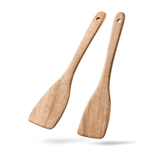 Wooden Spatulas for Cooking, 2 Pack, 13 Inch, Acacia Wood | Thin flat edges help flip, stir and scrape; long handles provide comfortable reach and stay gentle on nonstick cookware. - color: Acacia Light Brown, size: Thin 13" Flat Edge