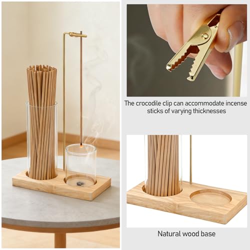 2 in 1 Incense Holder with Ash Catcher, Natural Wooden Base Upside Down Incense Burner Stick Holder with Improved Clip & Storage for Meditation, Yoga, Home Decor