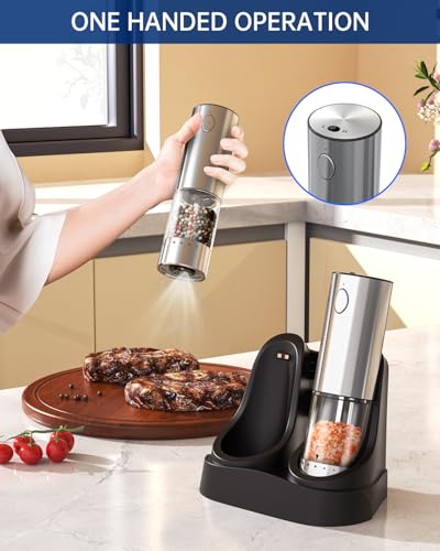 CIRCLE JOY 2-Speed Electric Salt and Pepper Grinder Set Rechargeable Stainless Steel Pepper Mills with Charging Base, LED Light and External Adjustable Coarseness for Hygienic Easy Use - color: Silver