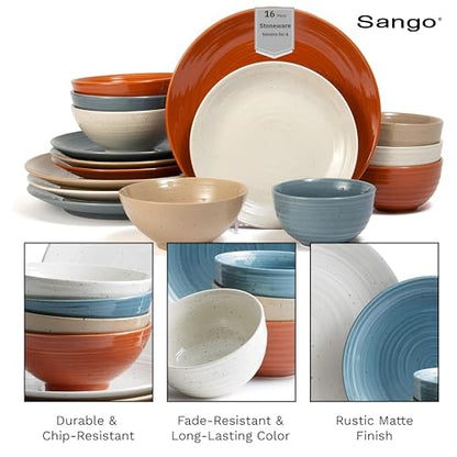 Sango Siterra Painter's Palette 16-Piece Stoneware Dinnerware Set - Service for 4, Ceramic Plates and Bowls Sets, Chip Resistant, Rustic Dishware, Microwave & Dishwasher Safe Kitchen Dishes - color: Rustic Mix, size: 16-Piece Set