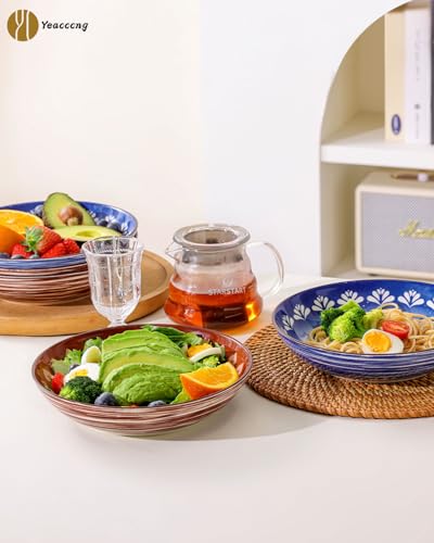 Yeacccng Bohemian Pasta Bowls Set of 6, 8.5 Inch 35 Oz Ceramic Serving Bowls, Brown Color Block Design, Lead-Free Cadmium-Free, Dishwasher Microwave Oven Safe, Scratch-Resistant Salad Soup Bowls - size: 8.5 inch pasta bowl (Brown*6)