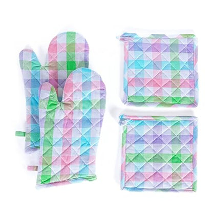 Native Fab 4 Piece Set - Gingham Check 2 Oven Mitts & 2 Potholders, Heat Resistant, 100% Cotton, Quilted Design, Non-Slip Grip, Ideal for Baking, Cooking, BBQ, Kitchen Protection, Multicolor - color: Gingham Pastels
