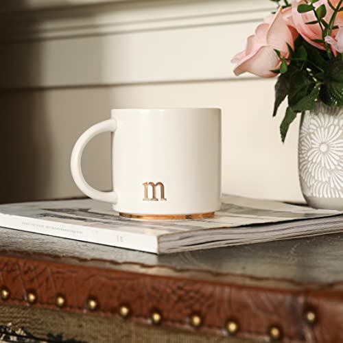 COLLECTIVE HOME Ceramic Coffee Mug, 15 oz Monogram Cup with Gift Box(m) | Dishwasher Safe, Engraved Gold Letter , Personalized Housewarming Birthday Present, Christmas Thanksgiving Mothers Day Gifts - color: gold-m