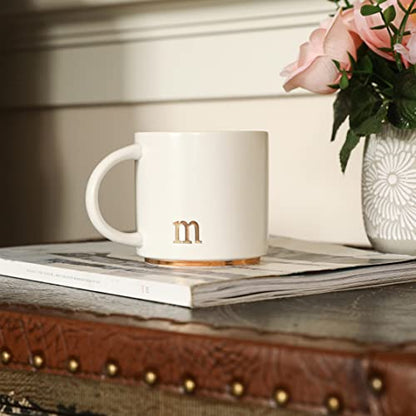 COLLECTIVE HOME Ceramic Coffee Mug, 15 oz Monogram Cup with Gift Box(m) | Dishwasher Safe, Engraved Gold Letter , Personalized Housewarming Birthday Present, Christmas Thanksgiving Mothers Day Gifts - color: gold-m