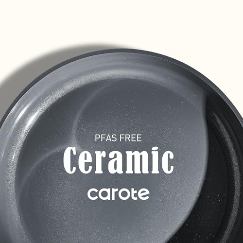 CAROTE Ceramic Cookwar Set, Pots and Pan Set Non Stick 18 Piece, Cookware Set Kitchen Cooking Set Non Toxic, PFAS PTFE Free, Blue