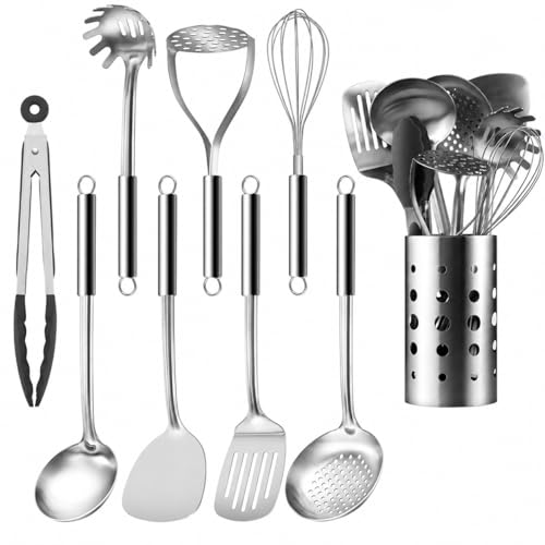 Pleafind Cooking Utensils Set - 9 PCS Stainless Steel Kitchen Utensils Set with Utensil Holder, Heat Resistant Wok Utensils Set, Kitchen Tools Set with Spatula, Ladle, Slotted Spoon, Dishwasher Safe - color: 9P-Silver