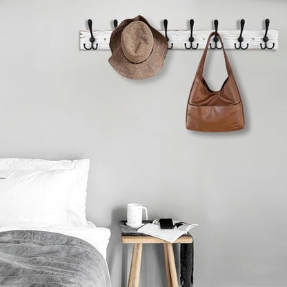 Kuhome 32.2'' Large Coat Rack Wall Mount Coat Hooks with 8 Metal Black Triple-Hooks Old White Pine Real Wood Plank Hat Rack for Wall Hooks - color: Old White Plate & Black Hook, size: 1 Item-8 Hooks