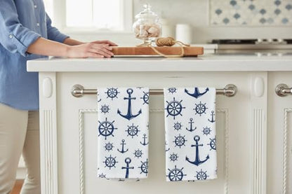 Summer Kitchen Dish Towel Set: Fun Nautical Anchor Captains Wheel Design, Set of 2 (Nautical) - color: Nautical