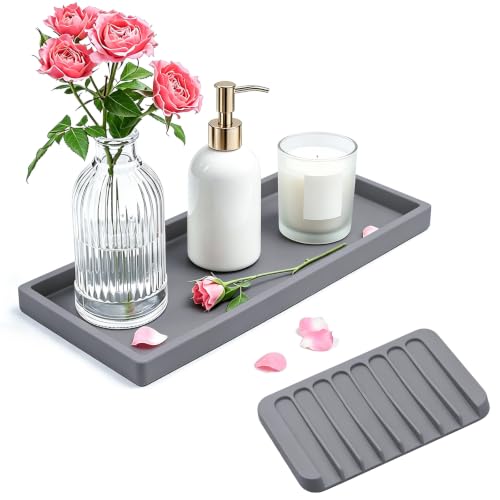 Bloss Silicone Tray Set for Bathroom/Kitchen Counter - 11.8x5.1 inch Bathroom Soap Dispenser Tray and Soap Holder, Silicone Vanity Trays Countertop Organizer for Scrubber, Perfume, Jewelry, Candle - color: Gray, size: 11.8" x 5.1" x 0.9"