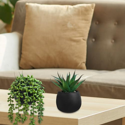Winlyn Set of 3 Artificial Succulent Plants in Black Concrete Pots Faux Aloe Hops String of Pearls Potted Plants Small Fake Plants Desk Plants for Home Office Desk Kitchen Bathroom Shelf Windowsill - color: Black Pots
