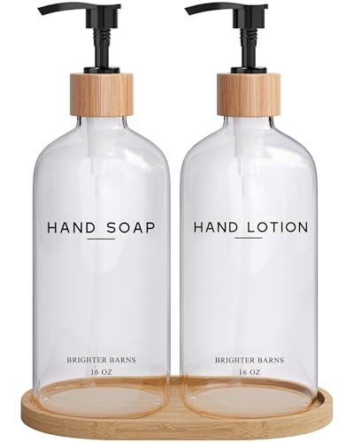Clear Glass Soap and Lotion Dispenser Set with Tray by Brighter Barns - Hand Soap Dispenser Bathroom Set - Liquid Soap Dispenser and BPA-Free Pump - Neutral Home Decor & Modern Bathroom Accessories - color: Clear Sl