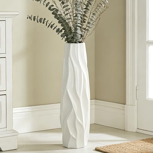 White Tall Ceramic Floor Vase, 28 Inch, Pleated Wave Design | Glossy Glazed Finish, Spacious Rooms, Statement Corners, Fireplace, Dried Branches - color: Shape 1, size: 28 Inch