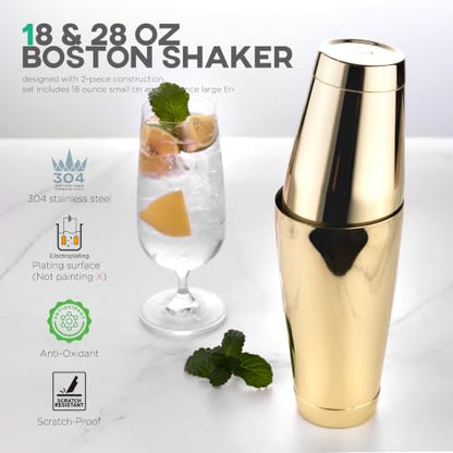 Homestia 12 Pieces Boston Cocktail Shaker Set, Mixology Bartender Kit, Gold | Stainless Steel Bar Set Accessories, 18 oz/28oz Weighted Boston Shaker Tins, Martini Shaker Mixing Tools for Home Bartending - color: Gold