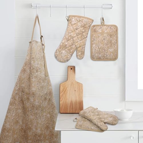 Oven Mitts and Pot Holders with Cooking Apron Set of 5, Heat Resistant Kitchen Gloves and Silicone Non-Slip Potholders, Adjustable Neck Buckle Chef Apron, Cotton Nice Design for Cooking (Tawny) - color: Tawny