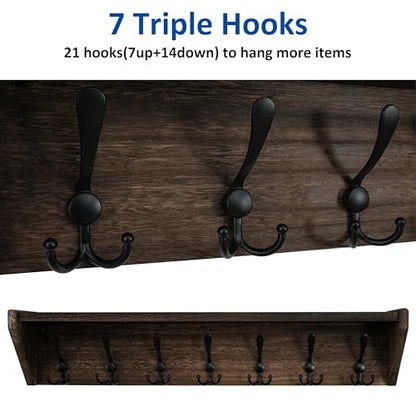 WEBI Coat Rack Wall Mount with Shelf,35" Long Wall Shelf with Hooks Underneath,7 Triple Hooks for Entryway,Hallway,Bedroom,Weathered Brown - color: Weathered Brown, size: 35 Inch