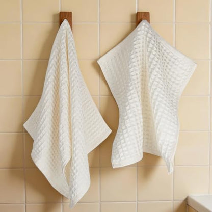 Vie Triomphe Waffle Weave Hand Towel and Washcloth Set of 2 Hollow Yarn Cotton 13.4x29.5 Hand Towel 13.4x13.8 Face Cloth, Lightweight Quick Dry Off-White Bathroom Towels for Daily Use, Gym Travel RV