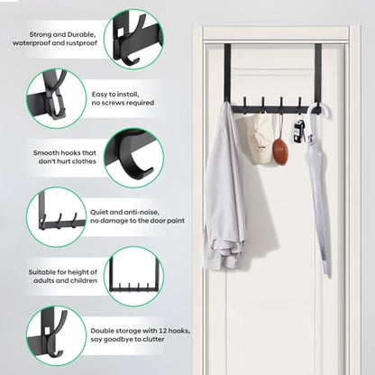 2 Pack Over The Door Hooks - NO NAIL over door hanger holder,NO ASSEMBLY REQUIRED large over the door towel rack with 12 hooks, heavy duty hooks for bathroom,bedroom,hanging towels,coats (Black)