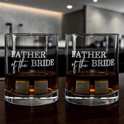 Father of the Bride Whiskey Glass Gift Set, 2 Engraved Rocks Glasses with Whiskey Stones, Wedding Gift (12 Ounce) - size: 12 Ounces