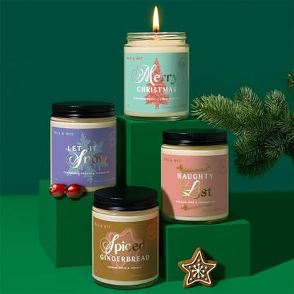 Wax & Wit Christmas Candles Gift Set Scented, Winter Holiday Set of 4 Pack Candle - Natural Coconut Soy Candles, 180+ Hr Burn, Vegan, Clean Burning - Candle Set Gifts for Women, Coworker, Friends - color: 4pc Christmas Set