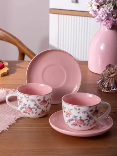 Porcelain Set of 2 Pastel Cups 8 oz with Saucers 5.75", Glamour by Marsseus Collection, Gift Box, Floral motif - color: Floral motif-3