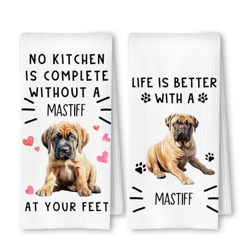 Mastiff Gifts Kitchen Towels, Mastiff Dog Dish Tea Towels for Kitchen Decor, Dog Lovers Mom Dad Gifts Decorative Hand Towel, 16x24 Inches Set of 2 - color: Mastiff Life and Kitchen