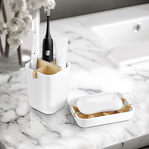 Toothbrush Holders and Soap Holder Set, Bathroom Accessories Countertop | 4 Slots Brush Holder, Plastic Soap Dish Tray, Bathroom Countertop Storage - color: White
