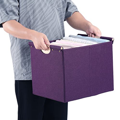 HOONEX Large Collapsible Storage Bins, Linen Fabric, Pack of 2, Storage Baskets with Wooden Carry Handles and Sturdy Heavy Cardboard, for Home, Office, Car, Nursery, Dark Purple - color: Dark Purple