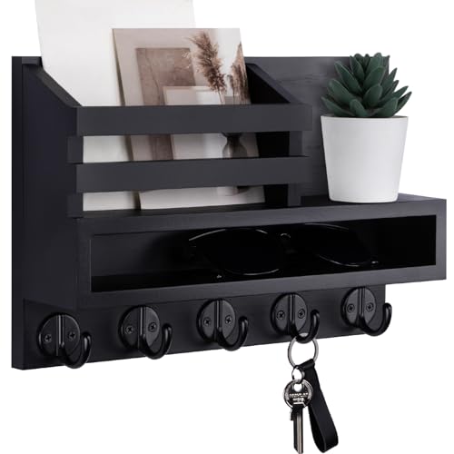 Key and Mail Holder Wall Mount, Key Hanger with Long Storage Box and 5 Hooks for Coat, Dog Leash, Home Decor Rack, House Accessories, Entry Way Organizer 11.8”W x 7.8”H x 3.2”D | Key Hanger with Mail Slot,5 Key Hooks for Coat, Dog Leash, Home Decor Rack,