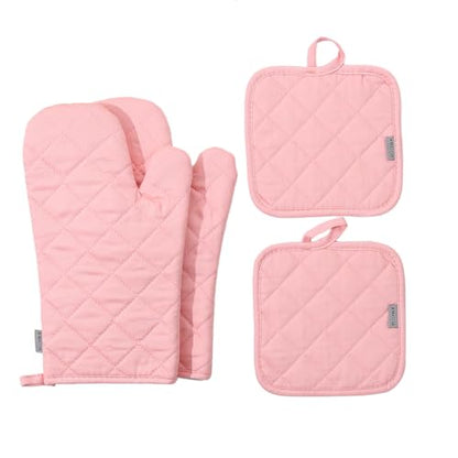 Oven Mitts and Pot Holders 4 pcs Set,High Heat Resistant 500 Degree Extra Thicken Long Kitchen Cotton Oven Glove for Cooking (12 Inch,Pink)… - color: Cotton-pink