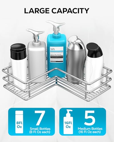 Nieifi Corner Shower Shelves, Adhesive Shower Caddy, Bathroom Organization | Stainless steel, 2 pack, wall mounted, bathroom shelves, shampoo and soap holder, bathtub storage, with hooks, silver