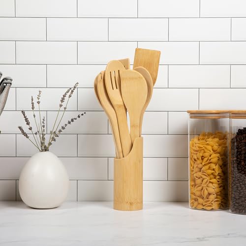 Bamboo Spoons for Cooking - Set of 8 Spoons with Holder - Wooden Cooking Spoons - Non-toxic & Organic Bamboo Cooking Utensils with Spoon Set & Spatula - Premium Kitchen Utensils - color: With Holder