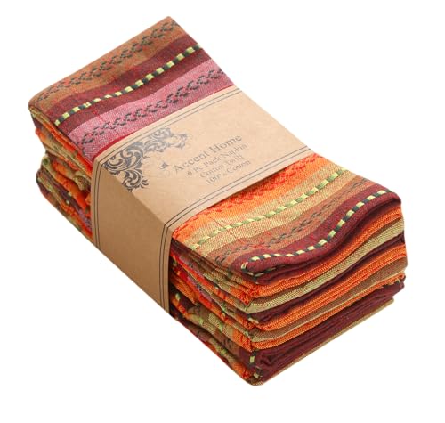 ACCENTHOME 100% Cotton Salsa Stripe Napkin Set of 6 18x18 inch Red/Rust Multicolour Dinner Napkins - Washable Soft Premium Hotel Quality Reusable Perfect Table Linen for Family Dinners Weddings | 100% Cotton Napkins, Adds A Finishing Touch, Economy Pack,