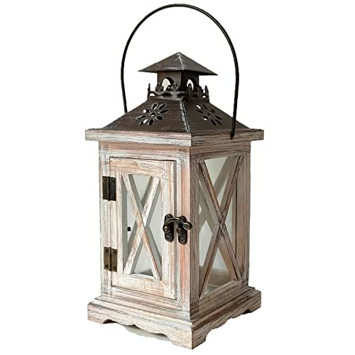 Vintage Wooden Rustic Lantern, SYCYULAN Decorative Candle Lantern with Farmhouse Style for Table Top Mantle Wall Hanging Display Wedding Party Decor Indoor Outdoor (White & Brown) - color: White