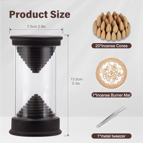 Hourglass Backflow Incense Burner Waterfall Incense Holder Bracket Glass Windproof Cover Provides 20 Counter Flow Incense Cones for Yoga Office Home Decoration Odor Elimination