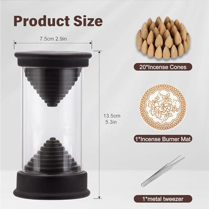 Hourglass Backflow Incense Burner Waterfall Incense Holder Bracket Glass Windproof Cover Provides 20 Counter Flow Incense Cones for Yoga Office Home Decoration Odor Elimination