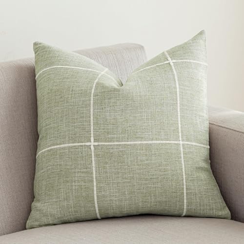vctops Rustic Lattice Cotton Linen Decorative Throw Pillow Cover Embroidery Square Cushion Cover Pillowcase for Sofa Bedroom Couch (Plaid Green, 16"x16") - color: Plaid Green, size: 16" x 16" (Pack of 1)