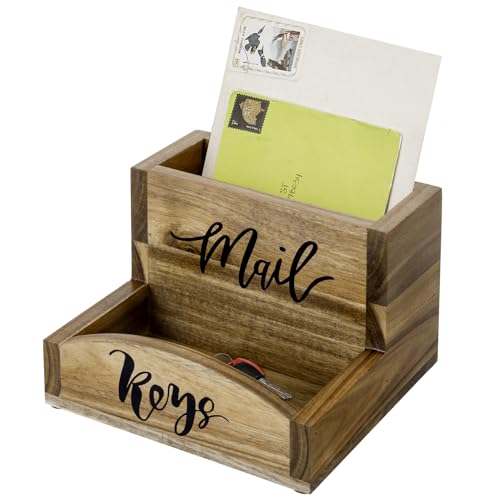MyGift Premium Acacia Solid Wood Mail Holder and Key Organizer, Entryway Storage Tray or Office Desktop Organizing Bin with Black Cursive Lettering Labels - color: Acacia Wood