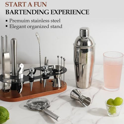 23-Piece Cocktail Shaker Set with Stand, 304 SS, Bartender Kit Gift | Complete Home Bar Set: Leak-proof Shaker, Jigger, Muddler, 18/8 Steel, Gift for beginners, cocktail lovers & house parties - color: brown-y