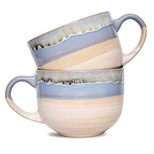 Bosmarlin Large Ceramic Coffee Mug Set of 2, Stoneware Jumbo Latte Mugs for Office and Home, 16 Oz, Dishwasher and Microwave Safe(Blue, 2) - color: Blue