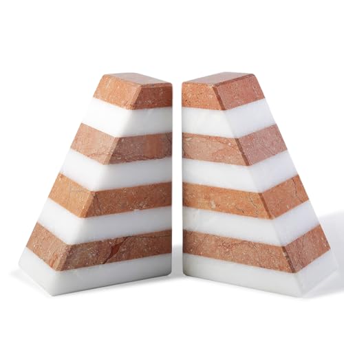 Karibiber Marble Book Ends, Non-Skid Bookends for Shelves, Composite Bookend with Natural Stone, Heavy Duty Book Stopper, Collected CDs and Oversized Books Organizer, White & Red Decorative Bookends - color: White&red