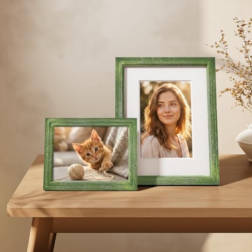 Vittanly Solid Wood 8x10 Picture Frames Set of 4, Distressed Green | 5x7 Picture Frame with Mat, Gallery Wall Frame Set, 8 x 10 Frame for Wall & Tabletop Display, Family, Pet, Christmas - color: Distressed Green, size: 8x10
