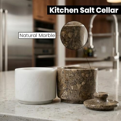 Marble Salt Cellar with Lid - Stone Salt Container for Countertop, Salt Box Keeper for Kitchen Counter, 3.5 oz OceanicX Marble Cellar (White Oceanic) - color: White Oceanic