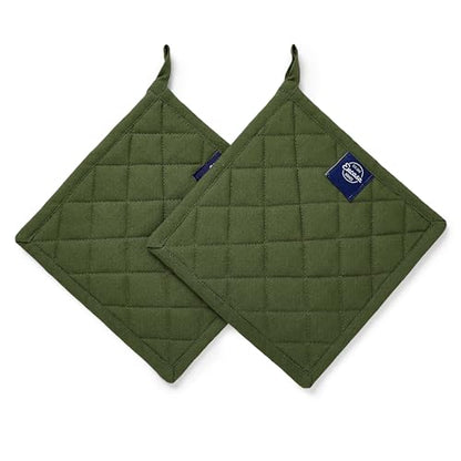 Encasa XO Pot Holders, Quilted Kitchen Hot Pads 8"x8" Leaf Green | 100% Heavyweight Cotton | Quilted Insulation | Multipurpose Trivets & Hot Pads | Hanging Loop | Set of 2 - color: Leaf Green